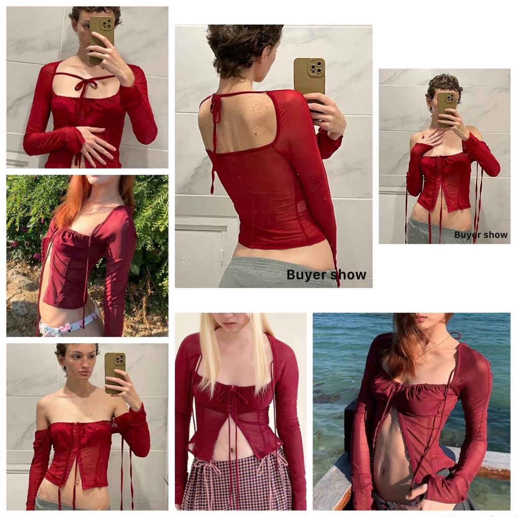 Goth Dark Mesh Cyber Y2k Bandage Sexy Casual T-shirts Gothic Punk Square Neck Skinny Crop Tops Women Ruched Long Sleeve Blouses