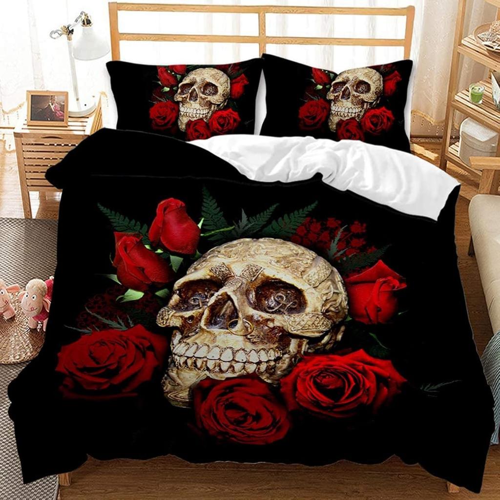 3D Printed Fashionable Boutique Skull and Rose Super Soft Ultra-fine Fiber Bed Sheet Set, Children and Adults Full-size with Zip