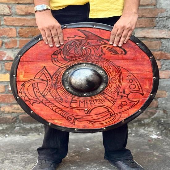 45.72cm Medieval Viking Shield In Battle with Dragon, Wooden Round Shield of Vikings from Valhalla,