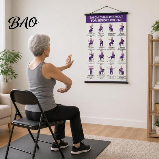 Wall Hanging Fitness Poster Tai Chi Training Scroll Poster, Sitting/Walking Movements Guide, Large Size Practice Tool High Definition Chart