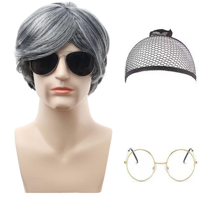 Аутентичный костюм дедушки с серым париком, аксессуарами для бороды и тростью для праздничных торжеств