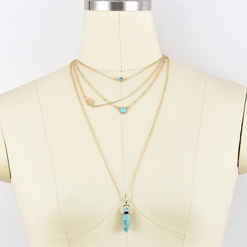 Многослойное женское ожерелье с комбинированным кулоном из натуральных бирюзовых кристаллов