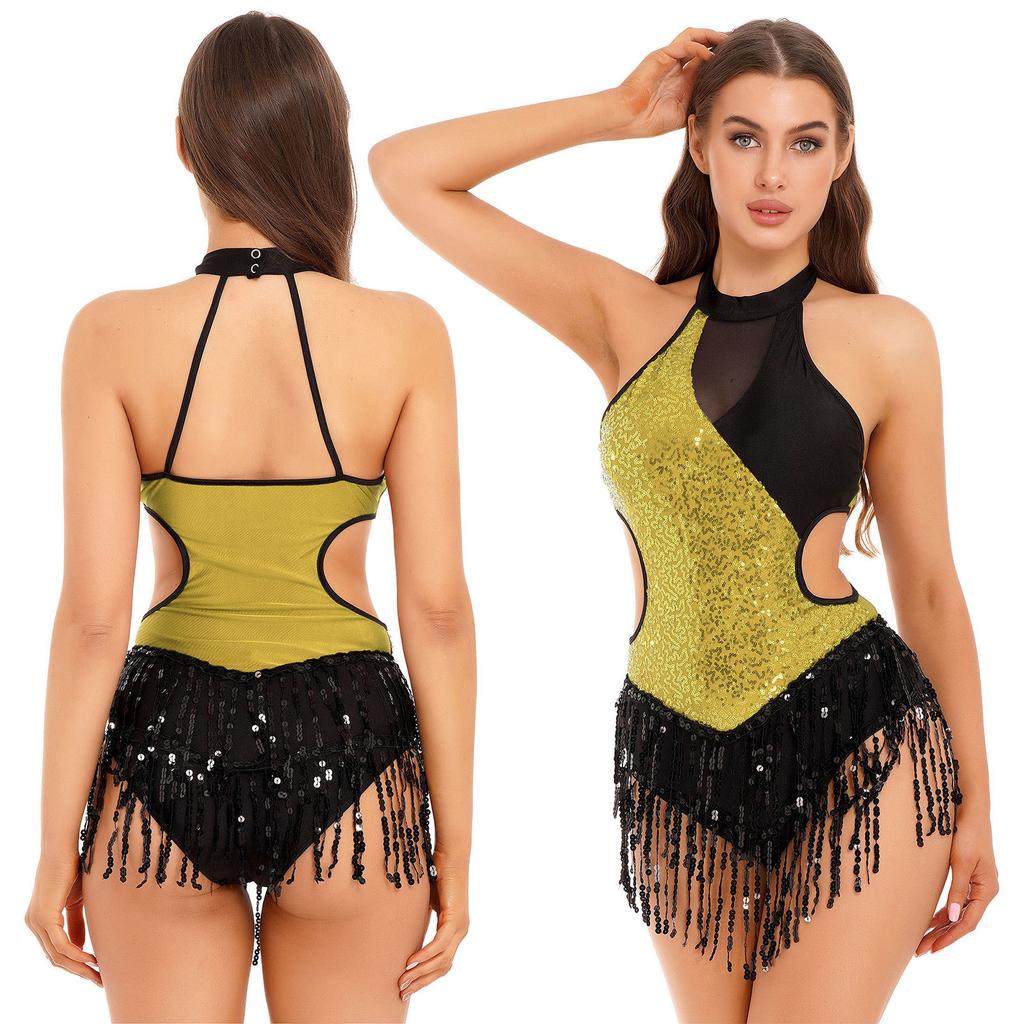 Women Jazz Dance Leotard Halter Neck Glitter Sequin Tassel Fringed Latin Salsa Dance Dress Cutout Bodysuit Performance Costume