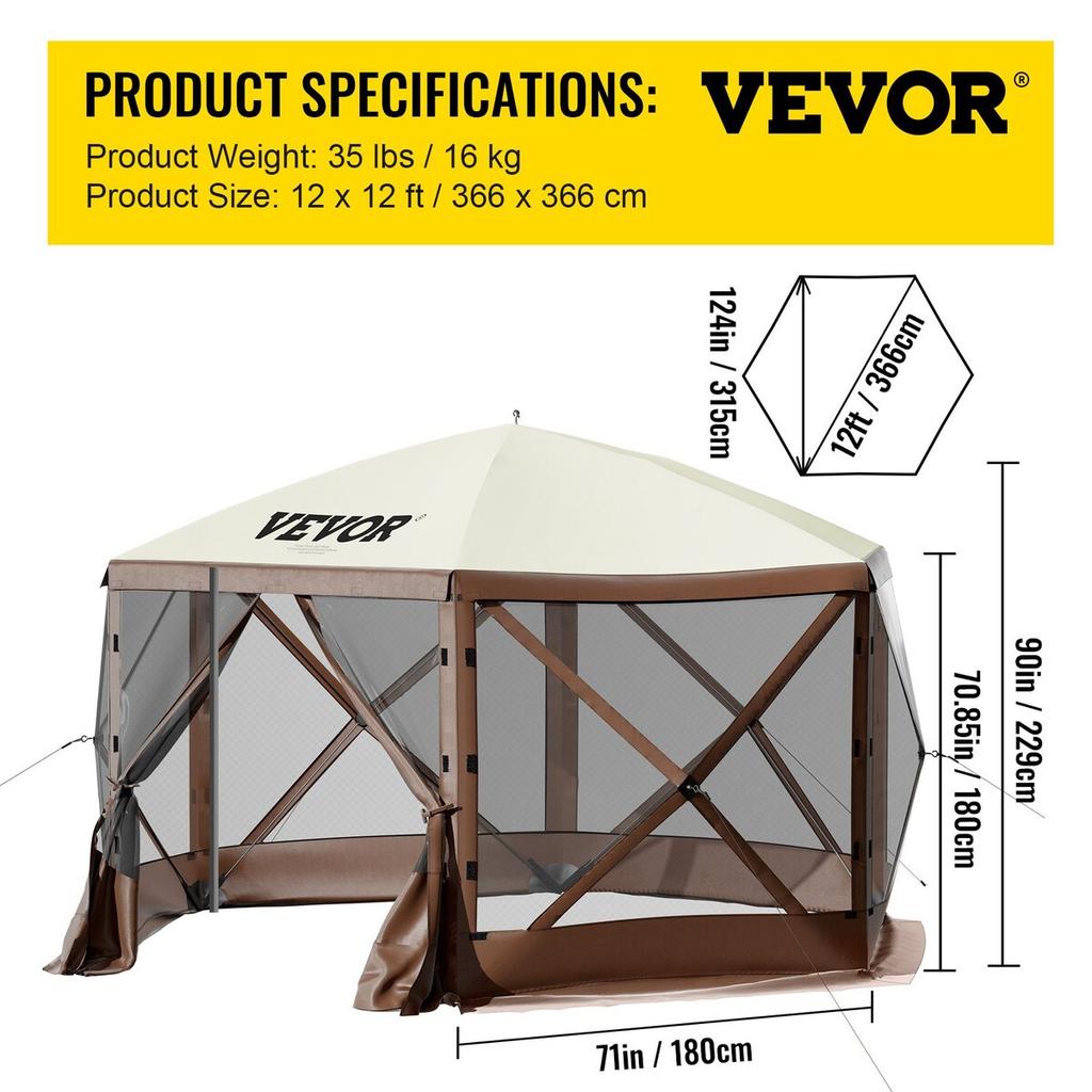 Pop-up Camping Gazebo Camping Canopy Shelter 6 Sided 12' x 12' Sun Shade