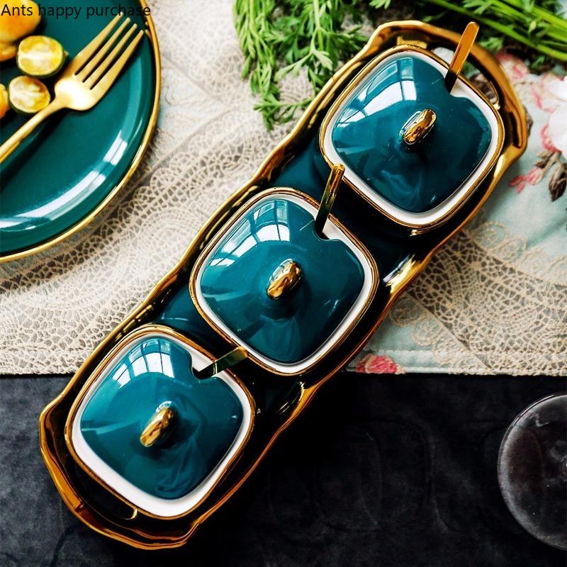 Зеленая керамическая сахарница с соленой банкой глутамата натрия, емкость для приправ, домашнее хранение, три упаковки, бытовая с крышкой-ложкой, ящик для хранения специй