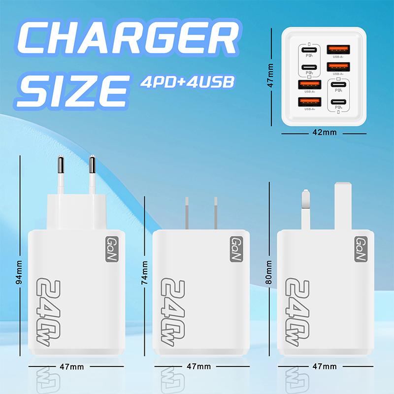 240 Вт Gan USB C Зарядное устройство 8 в 1 Быстрая зарядка Зарядное устройство для телефона Адаптер питания для телефона Type C EU/US Штекер Настенное зарядное устройство