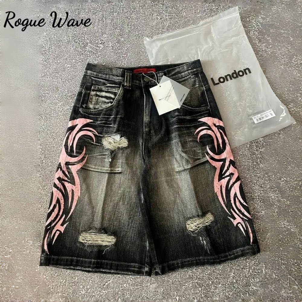 RogueWave Streetwear Y2K Популярные Джинсовые Шорты Дизайн с Кисточками Винтажные Шорты Мужская Хип-Хоп Мода Харадзюку Панк Высокая Посадка Широкие Штаны