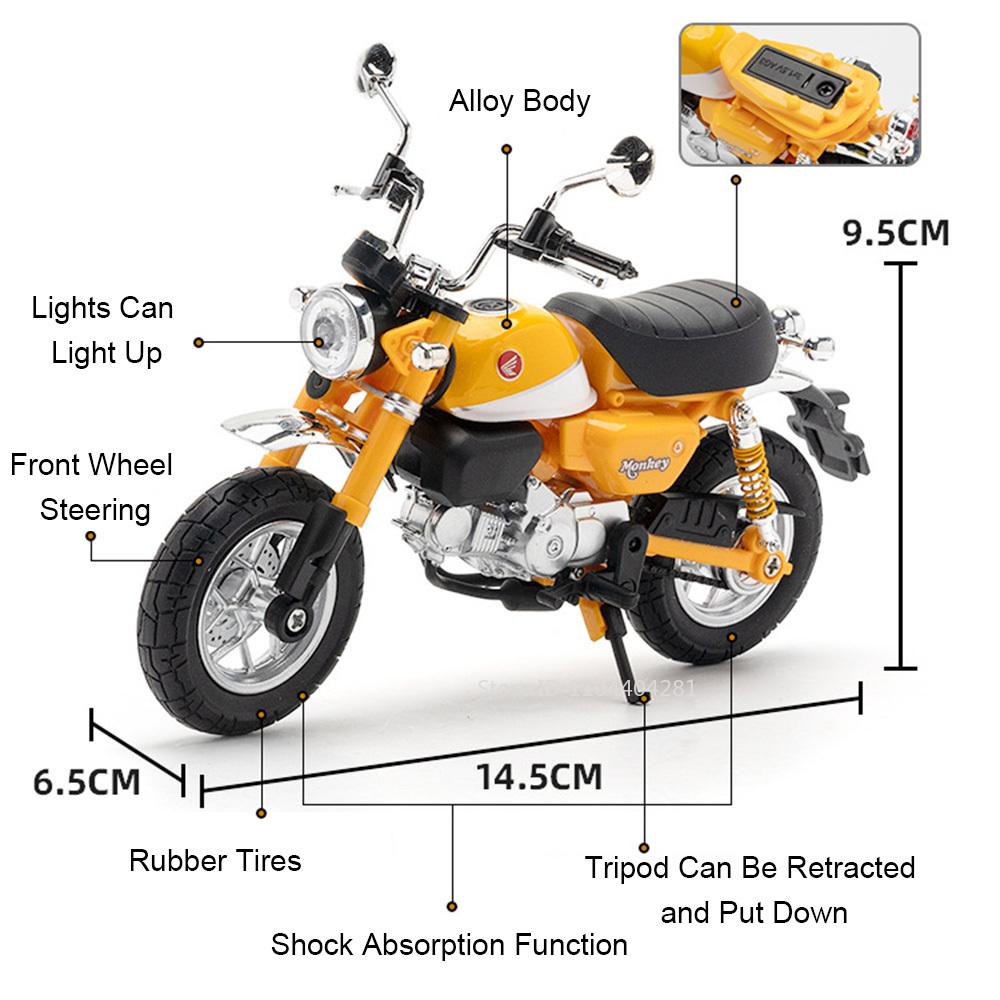 1:12 Модель мотоцикла Honda Monkey Cbr1000 Литая из сплава Игрушечный автомобиль Рулевое управление передним колесом Функция амортизации Транспортное средство Подарок для ребенка