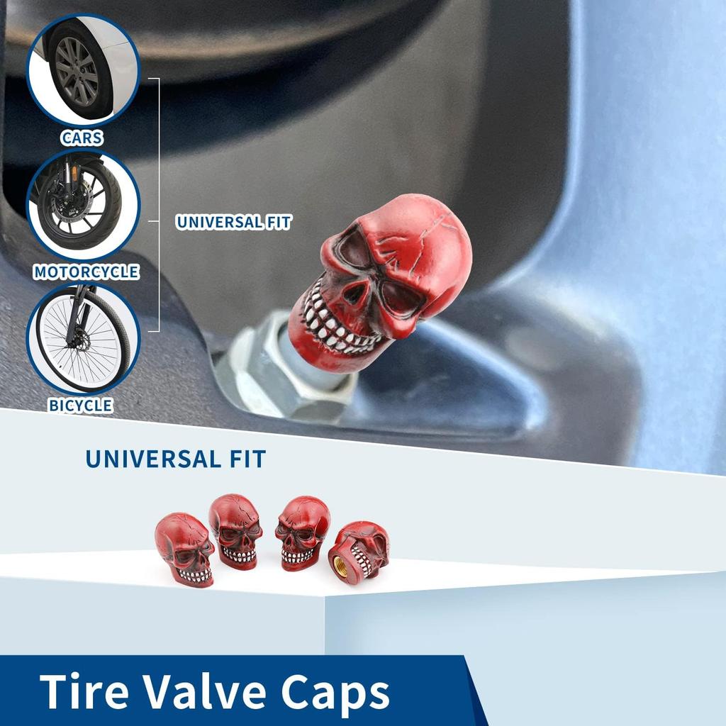 Cars Tires Valve Stem Caps Cover Dustproof Cool Skull Head Universal Fit Most of Cars SUV Bike Trucks Motorcycles 4 Pcs/Set (red)