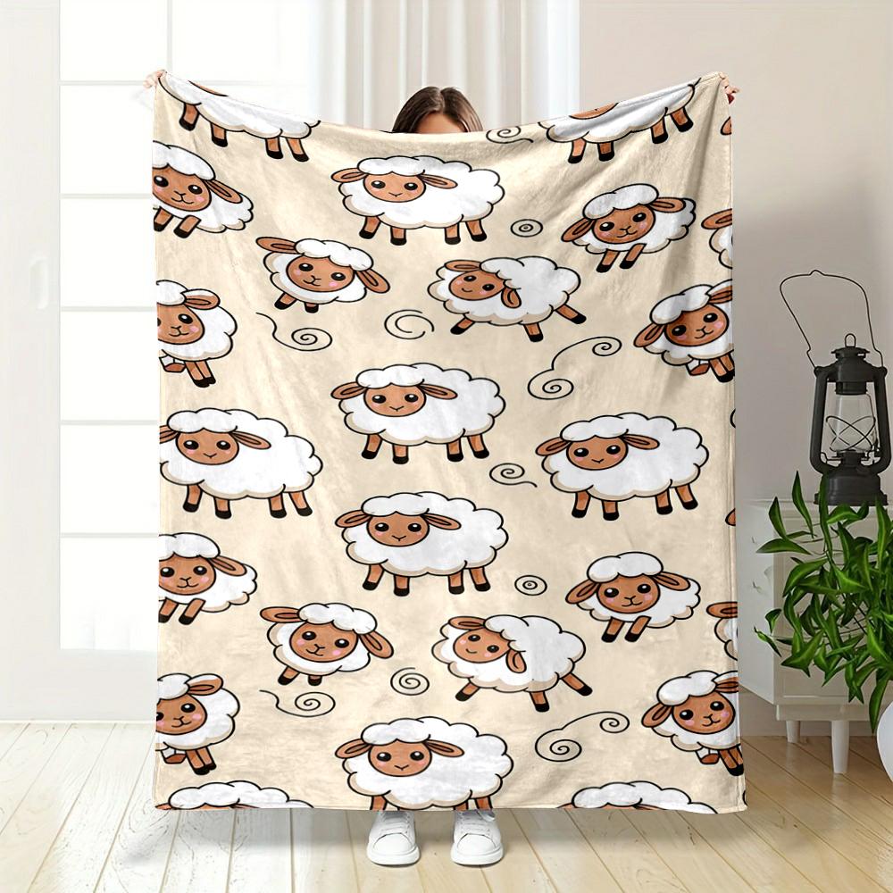 Cute Cartoon Sheep Pattern Beige warm quilt, Flannel blanket for bedroom, living room, sofa, and nap.