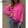 INDFS Женская мода Повседневный однотонный принт Весна Осень Длинные рукава V-образный вырез Пуловеры и длинные рукава