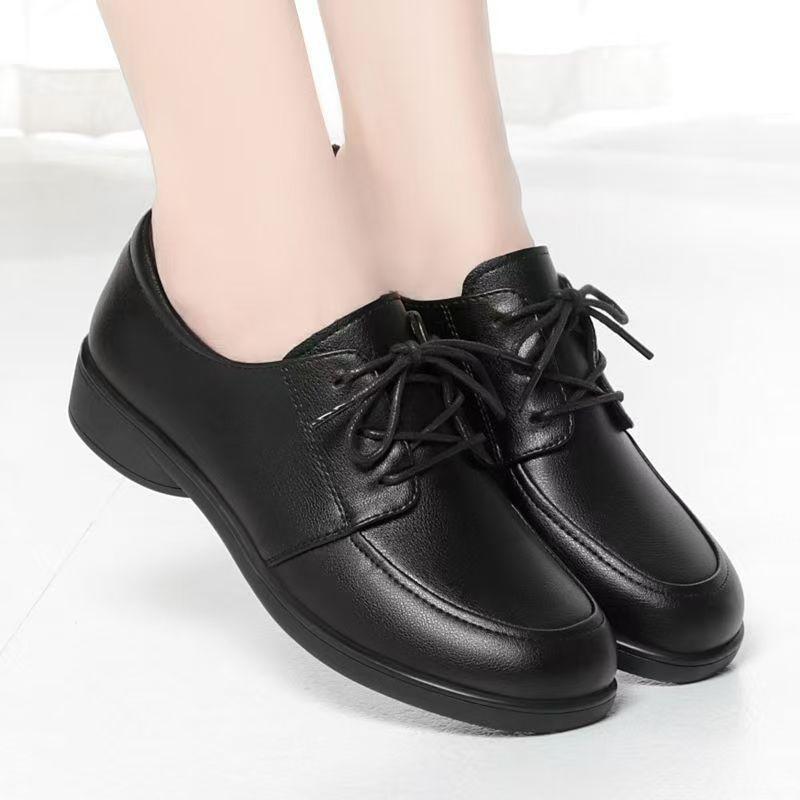 Женские черные рабочие туфли на шнуровке, весенне-осенние, из мягкой кожи, с мягкой подошвой, не устают после долгого стояния,