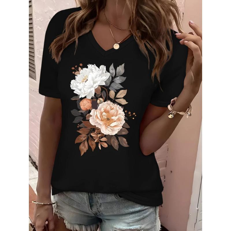Women's T-Shirt Floral Pattern Printing Fashion Casual Oversized High-Quality Tee Shirt V-Neck Women's Clothing Summer