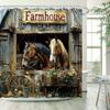 Rustic Farmhouse Horse Barn Shower Curtain - Realistic Digital Art, Brown Horses, White Manes & Red Flowers, Countryside Theme