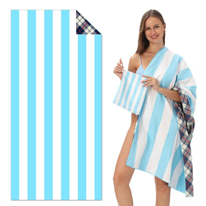 Double-Sided Plush Beach Towel With Color-Block Vertical Stripes Quick-Dry Sand-Resistant Large Size Swimming Pool Vacation