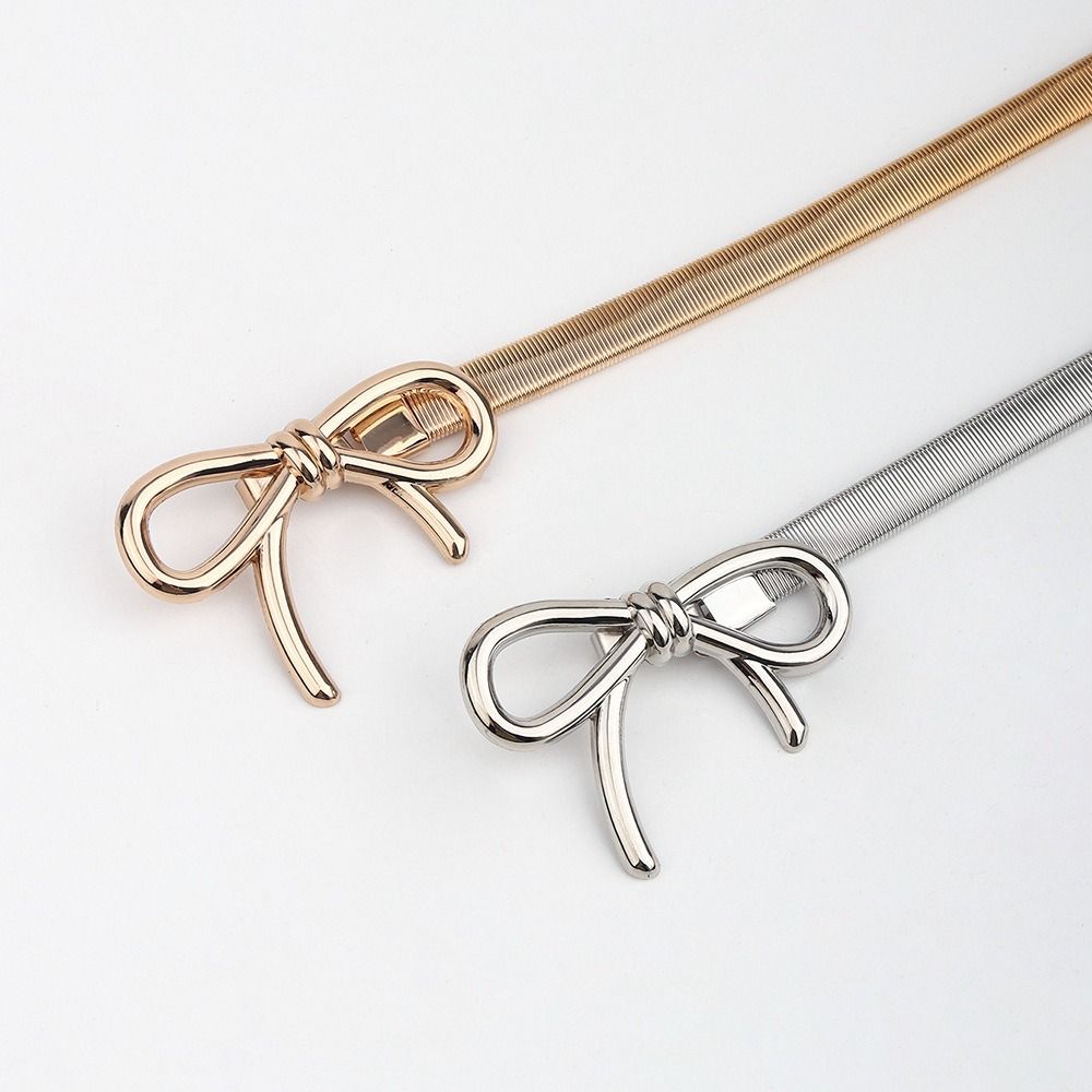 Y2k Thin Belt Silver Metal Waist Chain Sweet Elastic Bow Belt Trouser Decoration