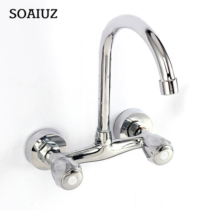Wall Mounted Kitchen Faucet Double Handle Sink Basin Tap Cold Hot Water Mixer Tap Dual Hole Bathroom Sink Wash Basin Water Tap