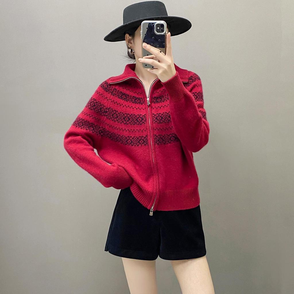 Женский винтажный капюшонный кардиган Fair Isle из кашемира с двойной молнией
