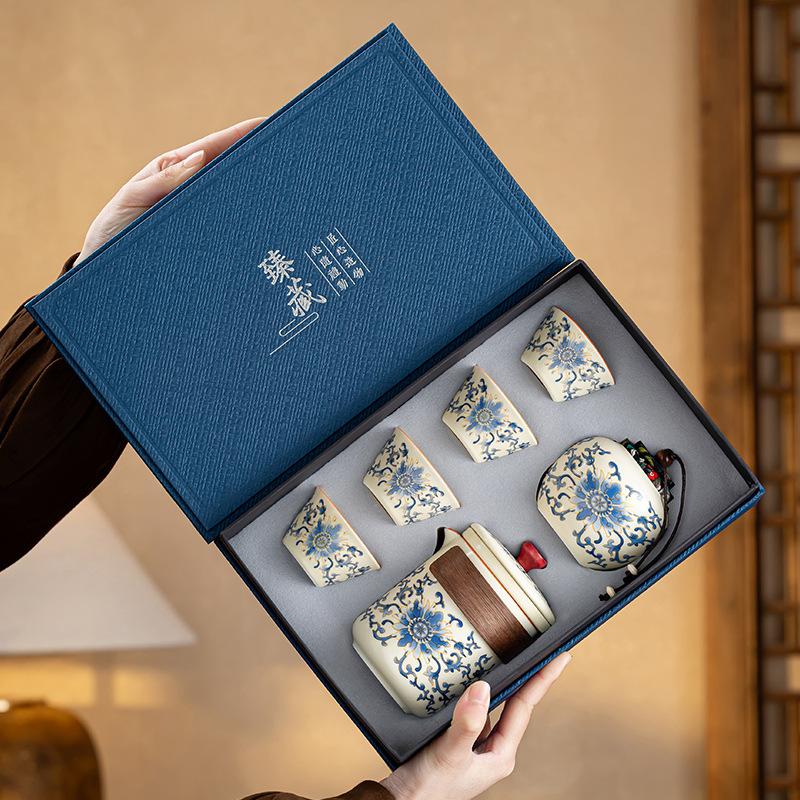 Guochao Wrapped Lotus Ru Kiln Ancient Rhyme Pot Ceramic Travel Tea Set Portable Outdoor Express Cup Business Companion