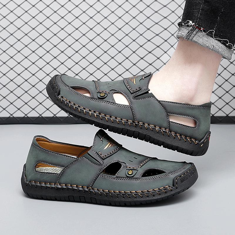 39-48 Летние мужские кожаные пляжные сандалии ручной работы Мужские сандалии с закрытым носком Сандалии большого размера
