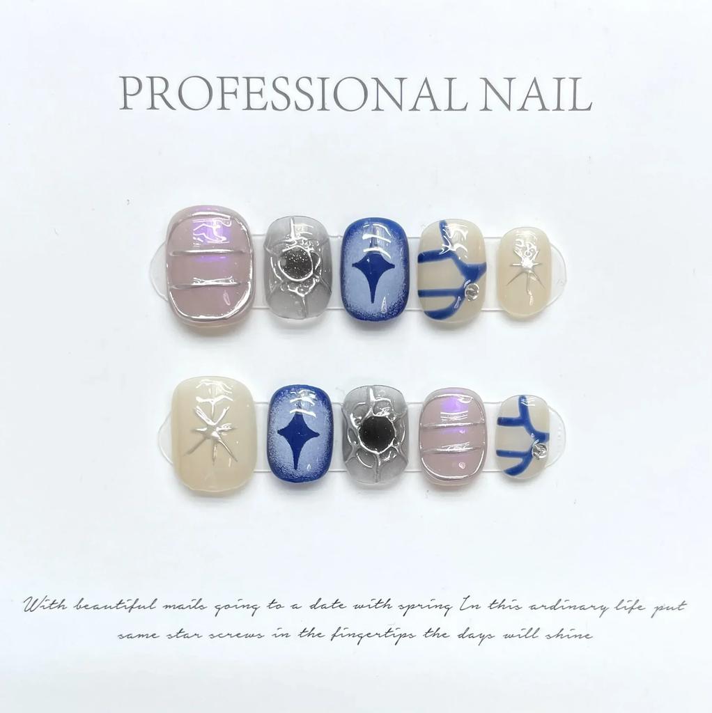 10Pcs Handmade Blue Star Diamond Short Square Press On Nails Full Cover Ballet False Nails With Glue