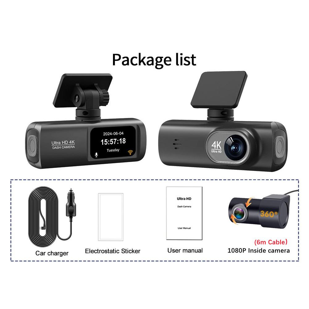 Видеорегистратор спереди и сзади 2.4G WiFi 4K+1080P и экран 1.47" Видеорегистратор с круглосуточным ночным видением, парковочным монитором, циклической записью, WDR GPS