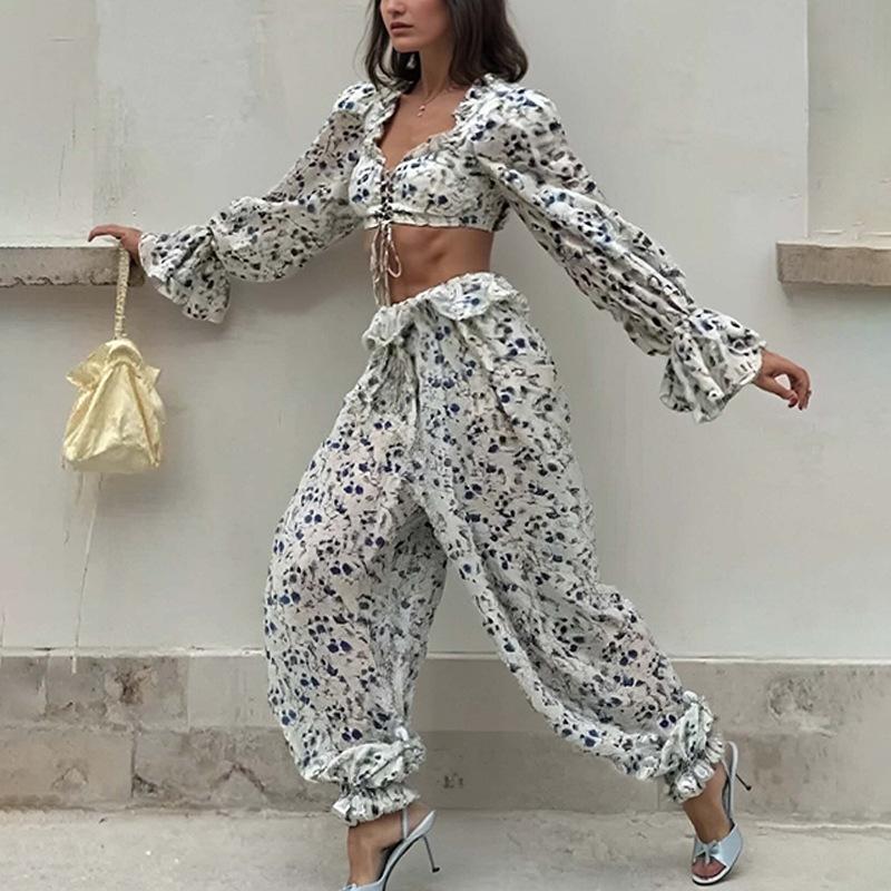 2026 spring new women's clothing, cross-border foreign trade Europe and the United States, fashion printing sexy ruffle edge top and trousers set