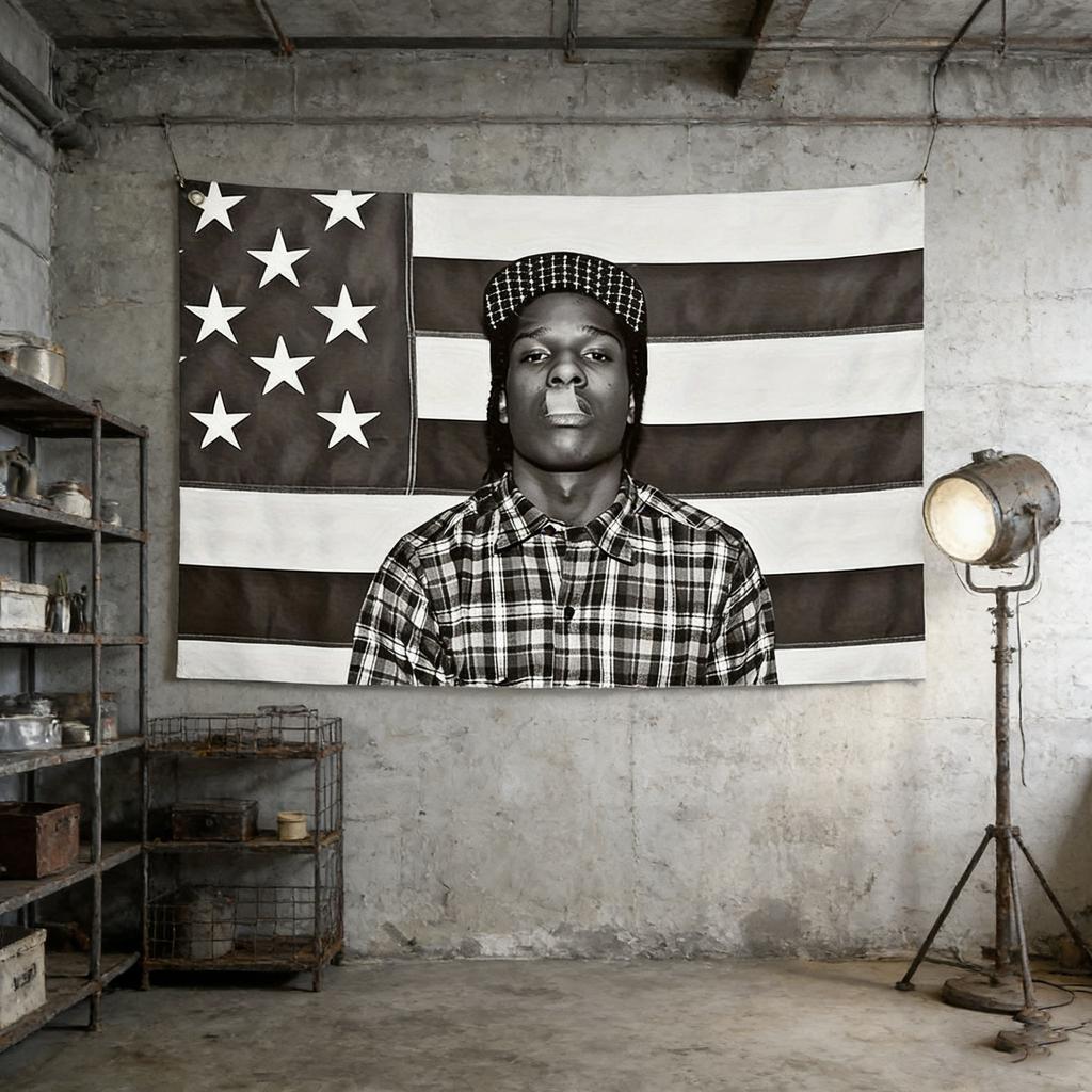 ASAP Rocky Раким Майерс Гобелен Хип-Хоп Рэп Музыка Настенный Флаг Черно-Белый Серый Арт для Спальни Комнаты в Общежитии Декор