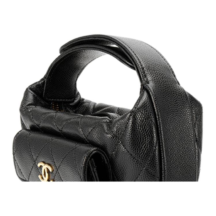 Chanel 23b Diamond Pattern Hula Hoop Gold Buckle Strapless Crescent Bag Handbag Grainy Lychee Leather And Caviar Leather Handbag Mini Female Black