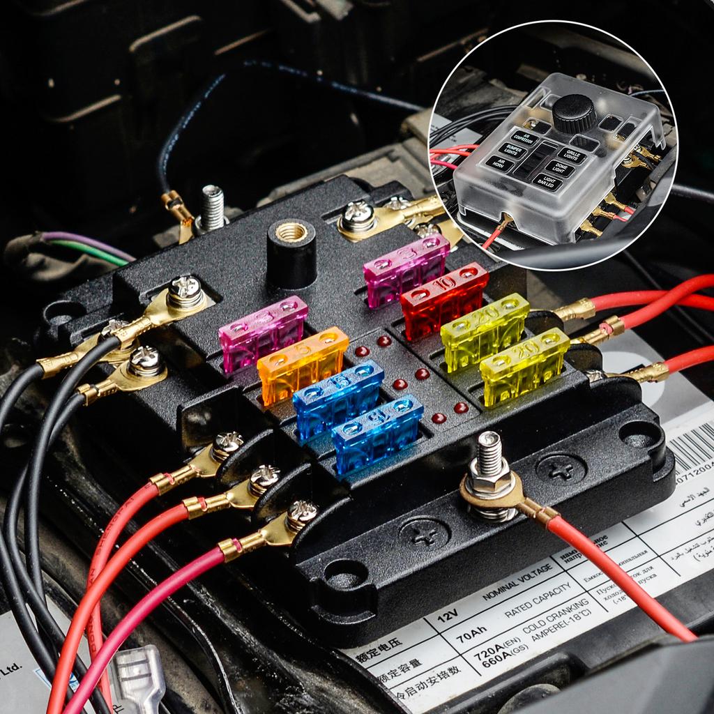 Waterproof 12 Volt Fuse Block, 6 Way with 6 Ground Negative Busbar[100 Amp Max] [ATC/ATO Fuses] [LED Indicator] [2 Spare Fuse Slots] for Car Boat Etc.