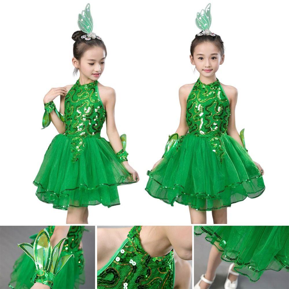 Green Sequin Children Ballet Dance Dress with Headwear Wristband Puffy Dress Kids Girls