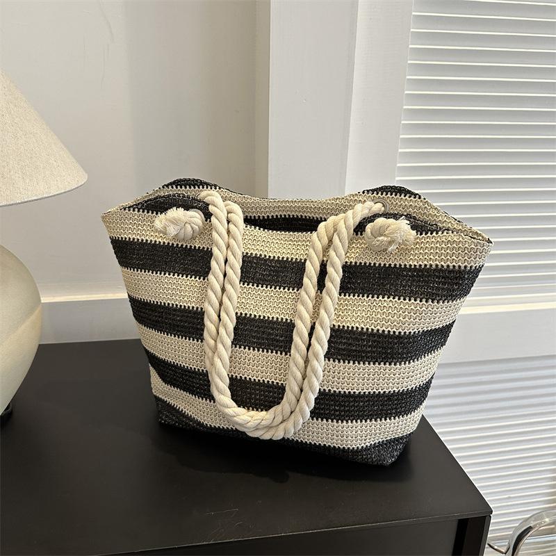Yogodlns Женская тканая пляжная сумка большой емкости, полосатые сумки на молнии, соломенная сумка в стиле ретро, женская летняя повседневная сумка