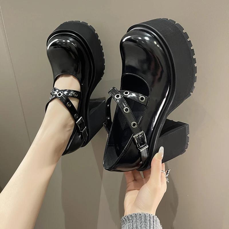 Fashion Round Toe Thick Heels Women's Shoes Spring Autumn New 10CM Thick High Mary Jane Small Leather Shoe Black Buckle Belt Cross Pumps