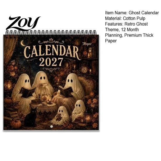 Personalized Holiday Gift Ghost Wall Calendar 2027, Retro Illustration Monthly Planner with Sturdy Coil Artistic Binding And Thick Matte Paper