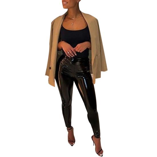 Женские осенне-зимние эластичные длинные брюки из искусственной кожи с высокой посадкой, облегающие брюки