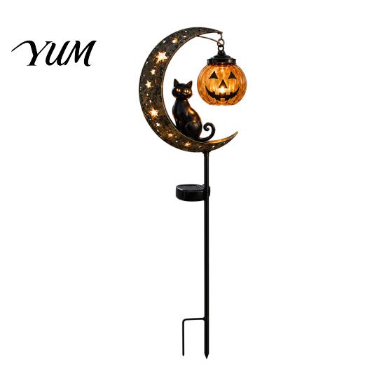 Automatic Dusk to Dawn Pathway Lighting Solar Halloween Black Cat & Pumpkin Moon Garden Stake Light, Waterproof on Warm Atmosphere Lights for