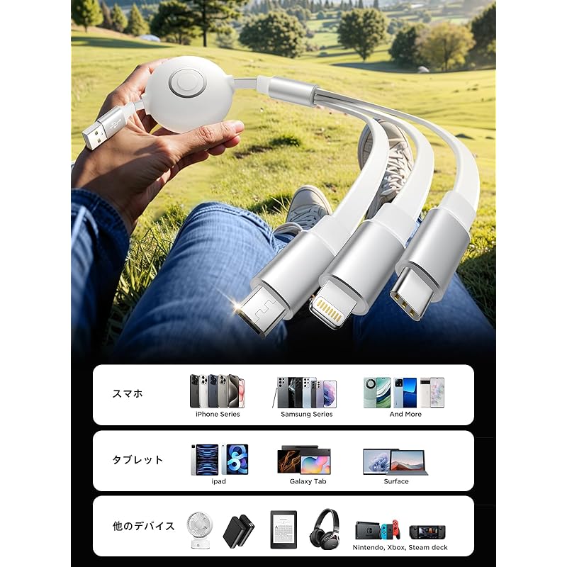 3in1 Charging Cable Roll-up Type Aioneus Set of 2 Multi Charging Cable iPhone Reel USB Type C Cable Micro Usb Cord 14 13 Pro Max 12 XR Galaxy S22+ S21