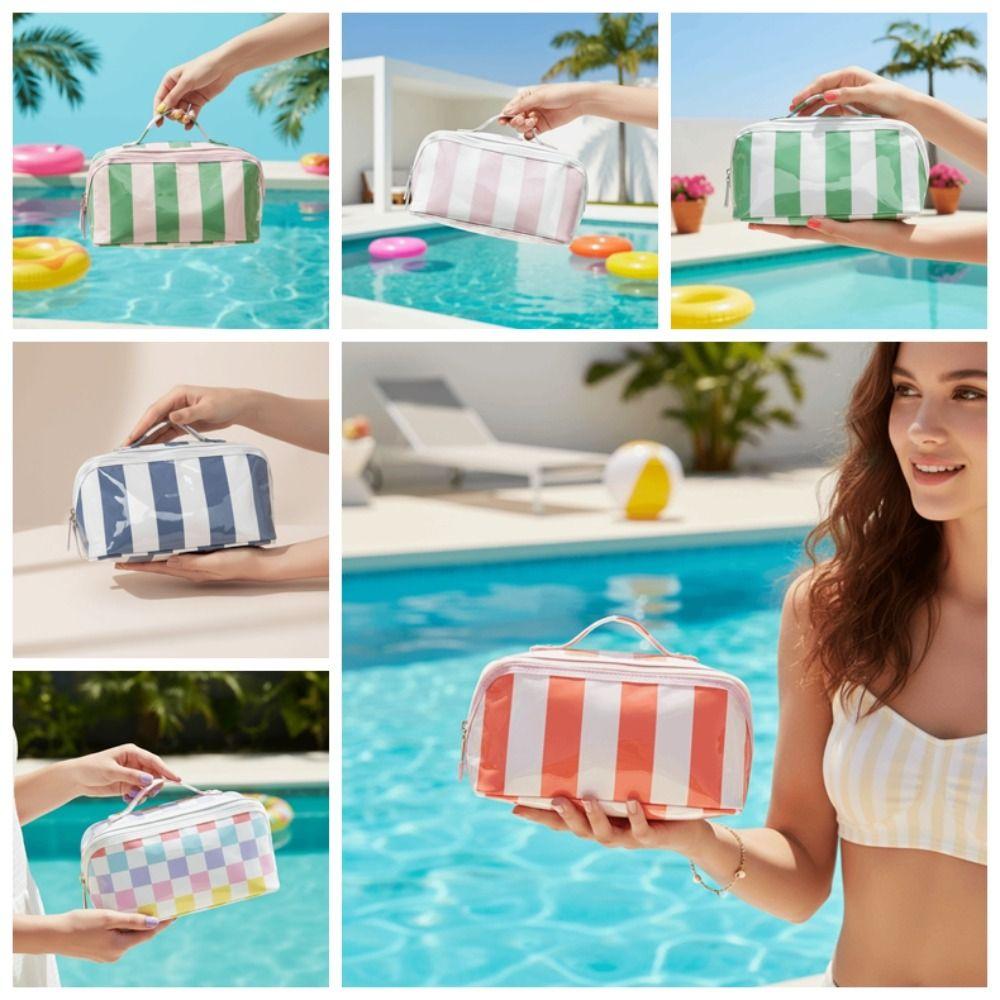 Durable Striped Cosmetic Bag Lightweight and Portable Large Capacity PVC Makeup Organizer Multipurpose Storage Contrast Color