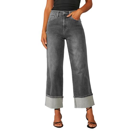 Women Baggy Jeans High Waisted Wide Leg Denim Pants Stretchy Cuffed Hem Straight Boyfriend Jeans with Pockets