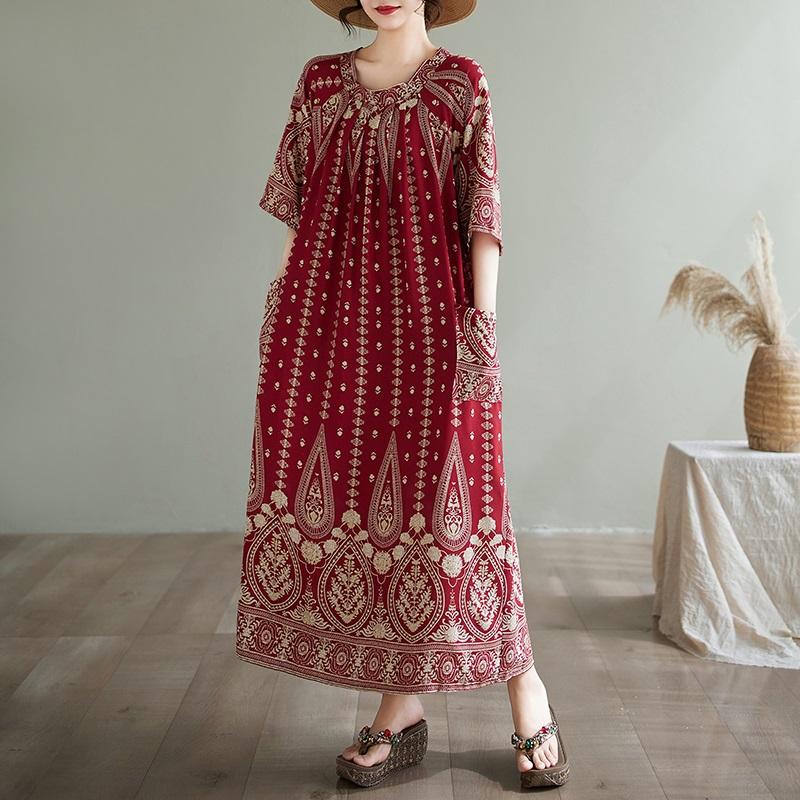 Short Sleeve Plus Size Cotton Vintage Floral New In Dresses for Women Casual Loose Long Summer Dress