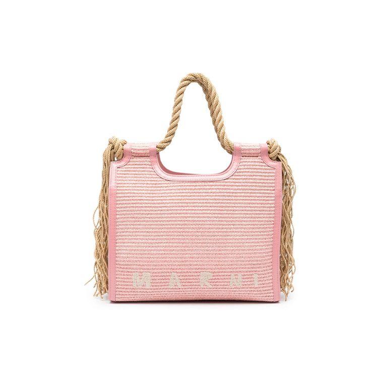 Marni Logo Embroidered Cotton And Calfskin Tote Bag Women handbags Light-Pink P3860BMMP0024U0ZO708