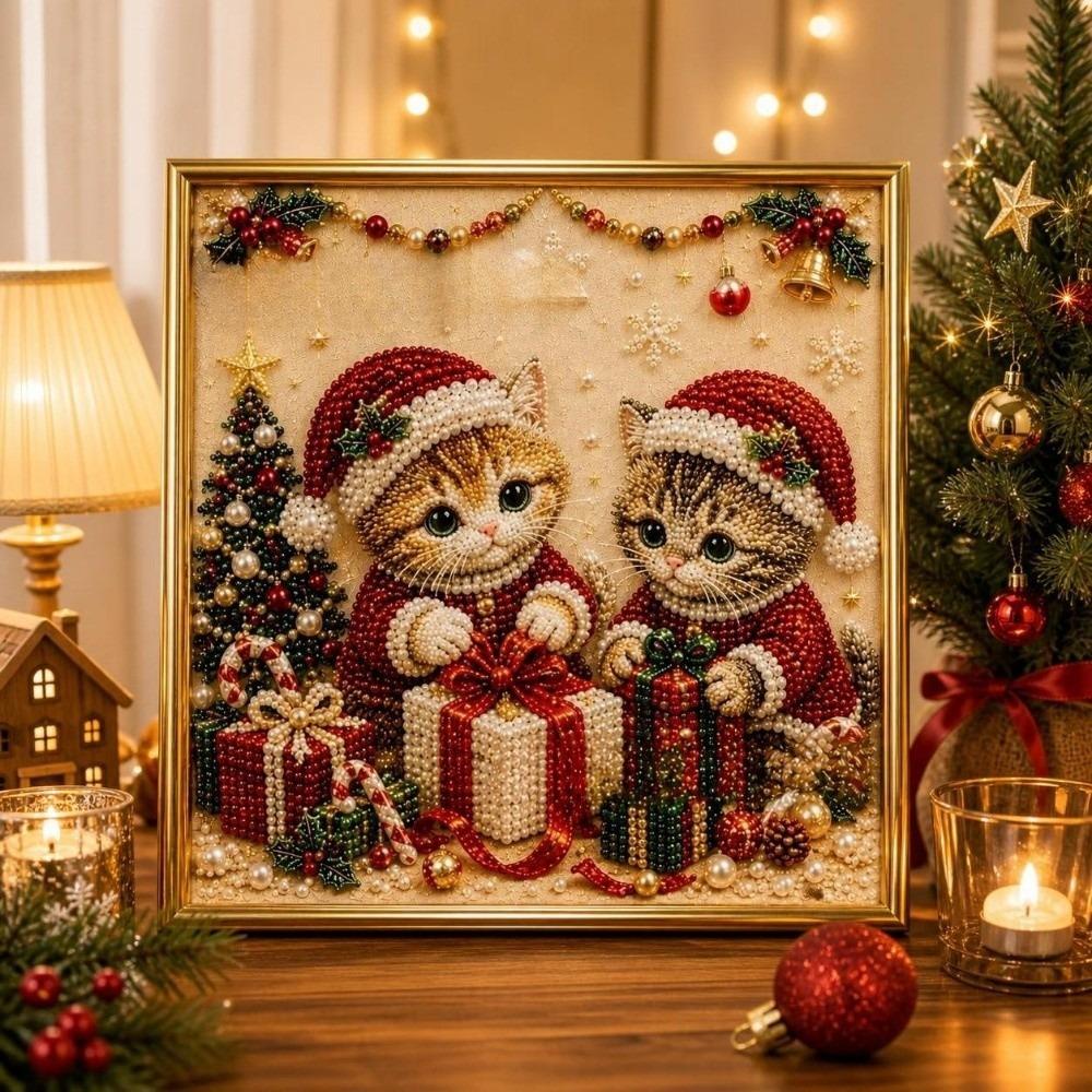 Handmade DIY Pearl Bead Art Kit Cartoon Cat Christmas Decor Santa Crystal Painting Set Wall Decor