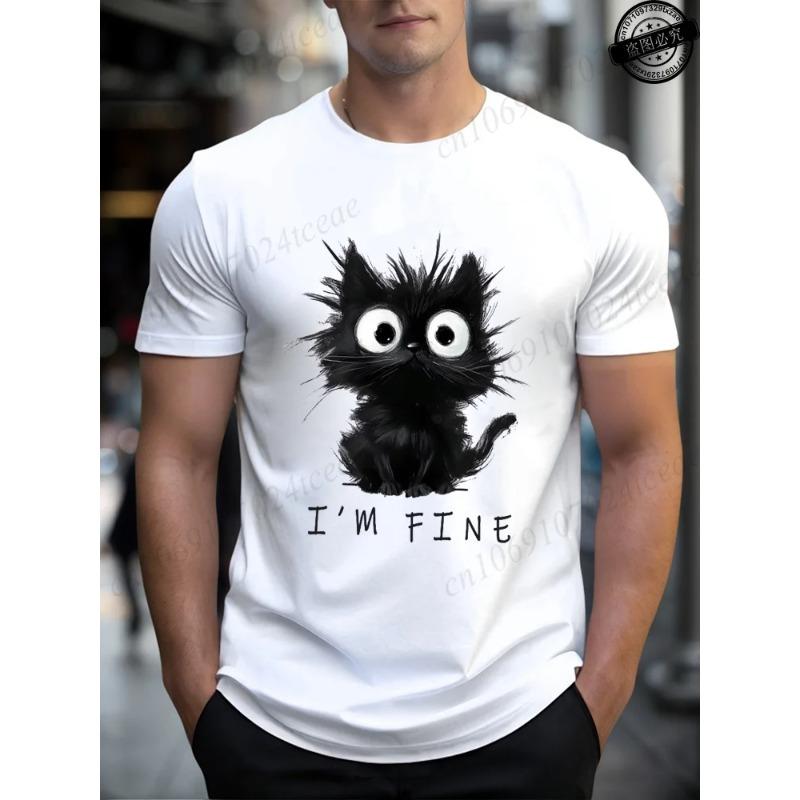 I'm Fine Black Cat Deisgn Men's T-shirt Casual Funny Cute Cat Pattern Graphic Print Men Tops Men Short Sleeve Male Tee Shirts