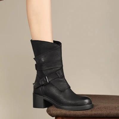 Женские туфли на высоком каблуке до середины голени, черные, с круглым носком, женские полусапожки, элегантные, на каблуке, распродажа, тренд 2024 года, водонепроницаемые, новые весенние ботинки