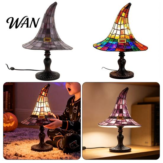 Retro Gothic Lighting Stained Glass Witch Hat Lamp, USB Powered Resin Night Light, Colored Lampshade Halloween Table Lamp for Bedroom Bookshelf Mantel