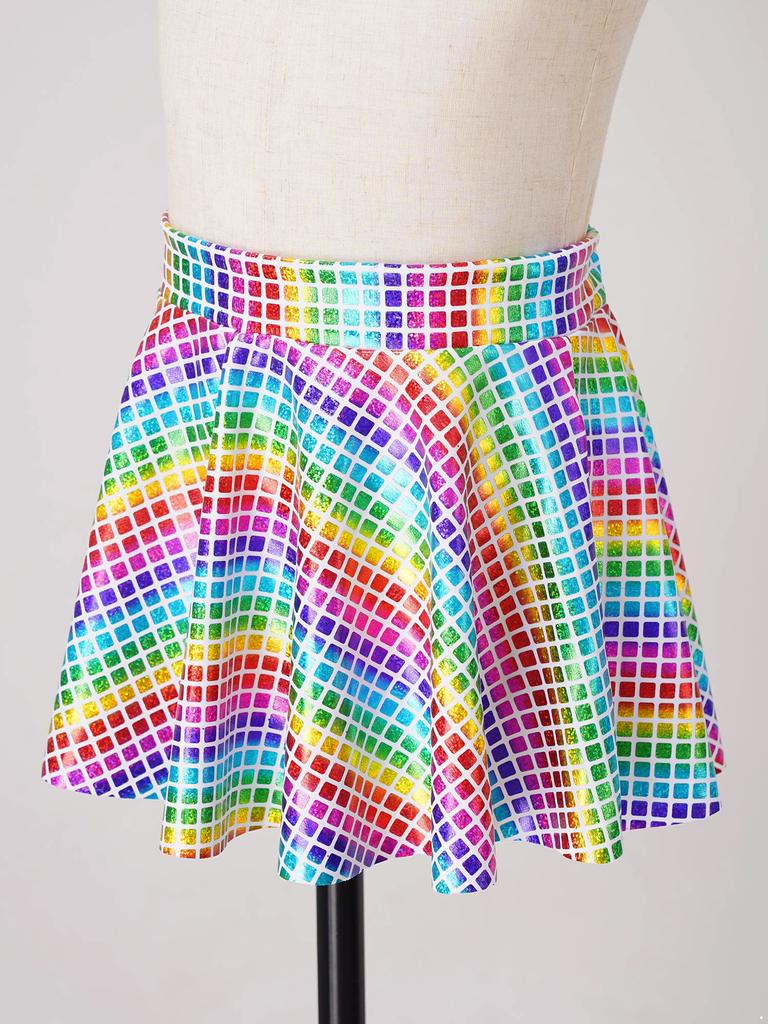 Girls Skirt Elastic Waistband Ruffled Shiny Plaid Sequins Clubwear Mini Skirts for Cheerleading Music Festival Rave Costume