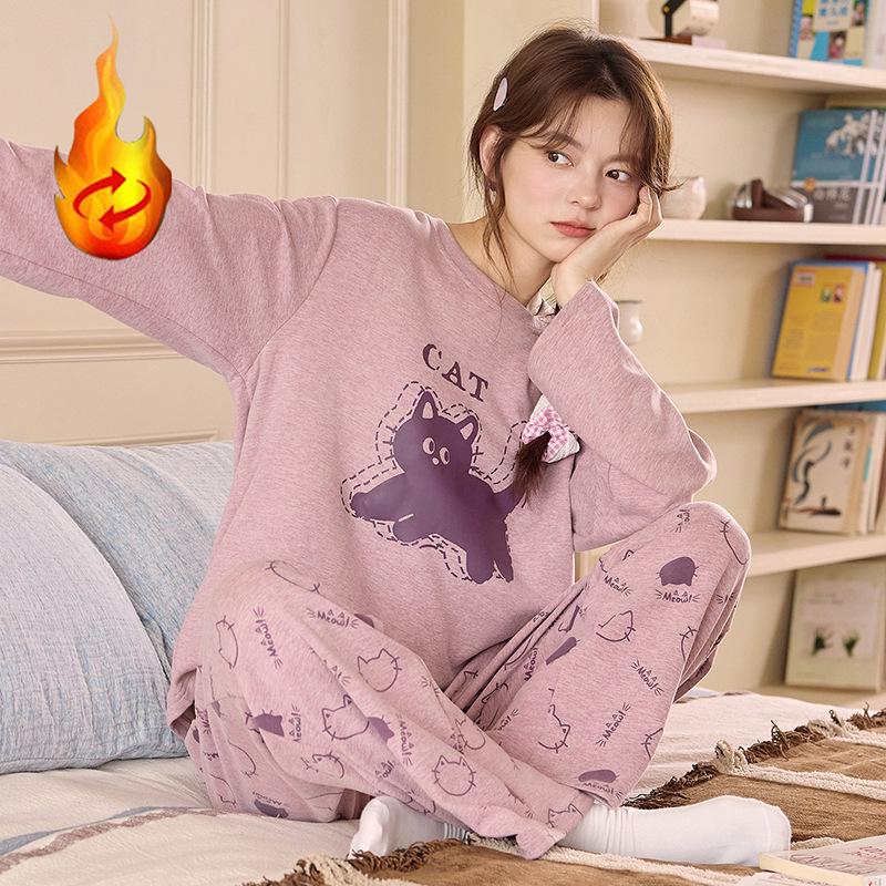 Women's Cartoon Wool-Silk Flannel Pajamas: Autumn/Winter 2025 Warm Outdoor-Friendly Set
