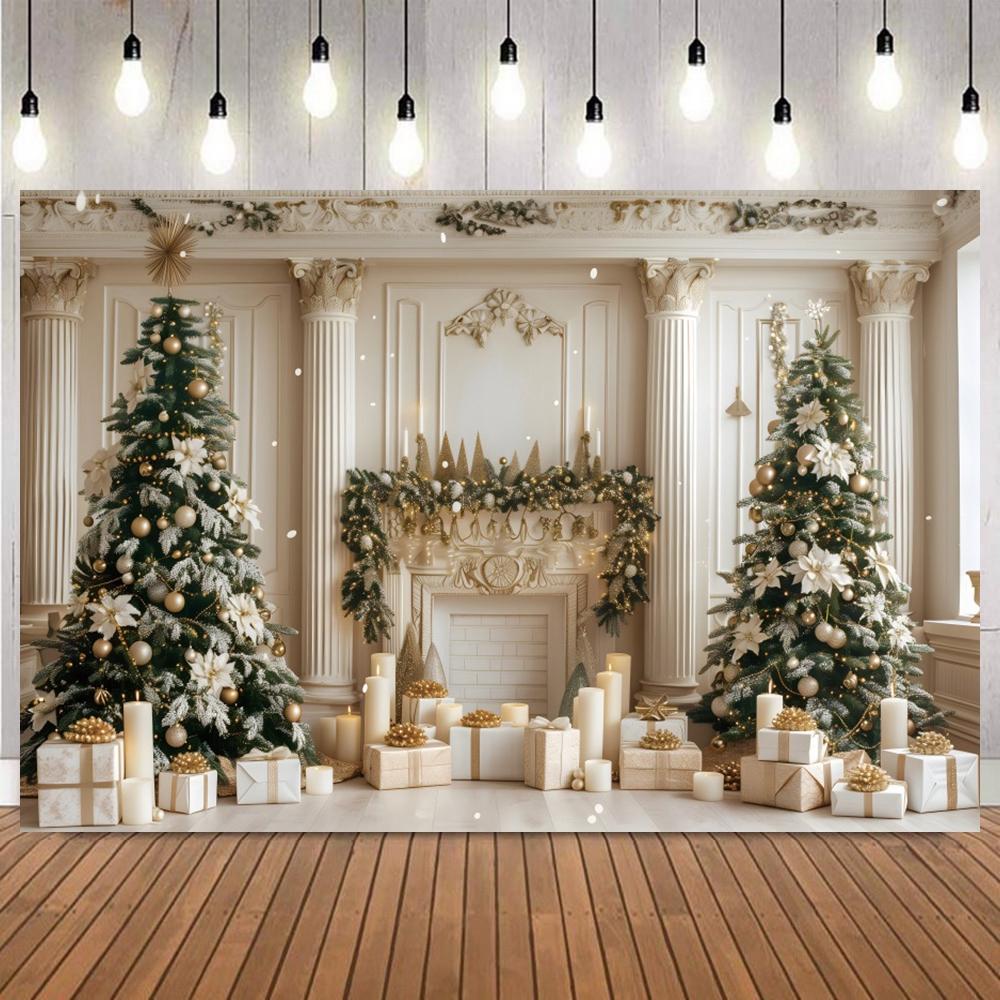 Christmas Photography Backdrop Snowflake Fireplace Xmas Tree Gifts Sparkling Stars Family Party Decor Banner Photo Backgrounds5