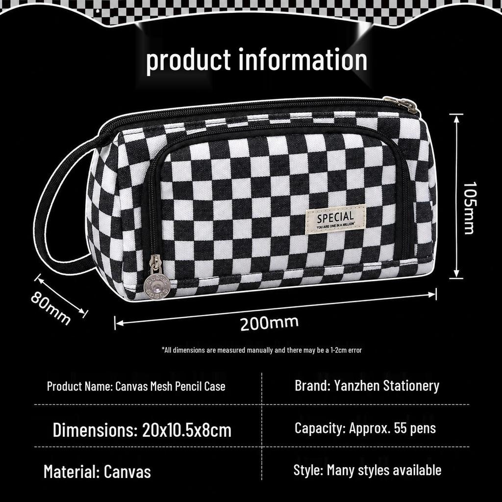 Canvas Grid-Style Large Capacity Pencil Case for School Girls