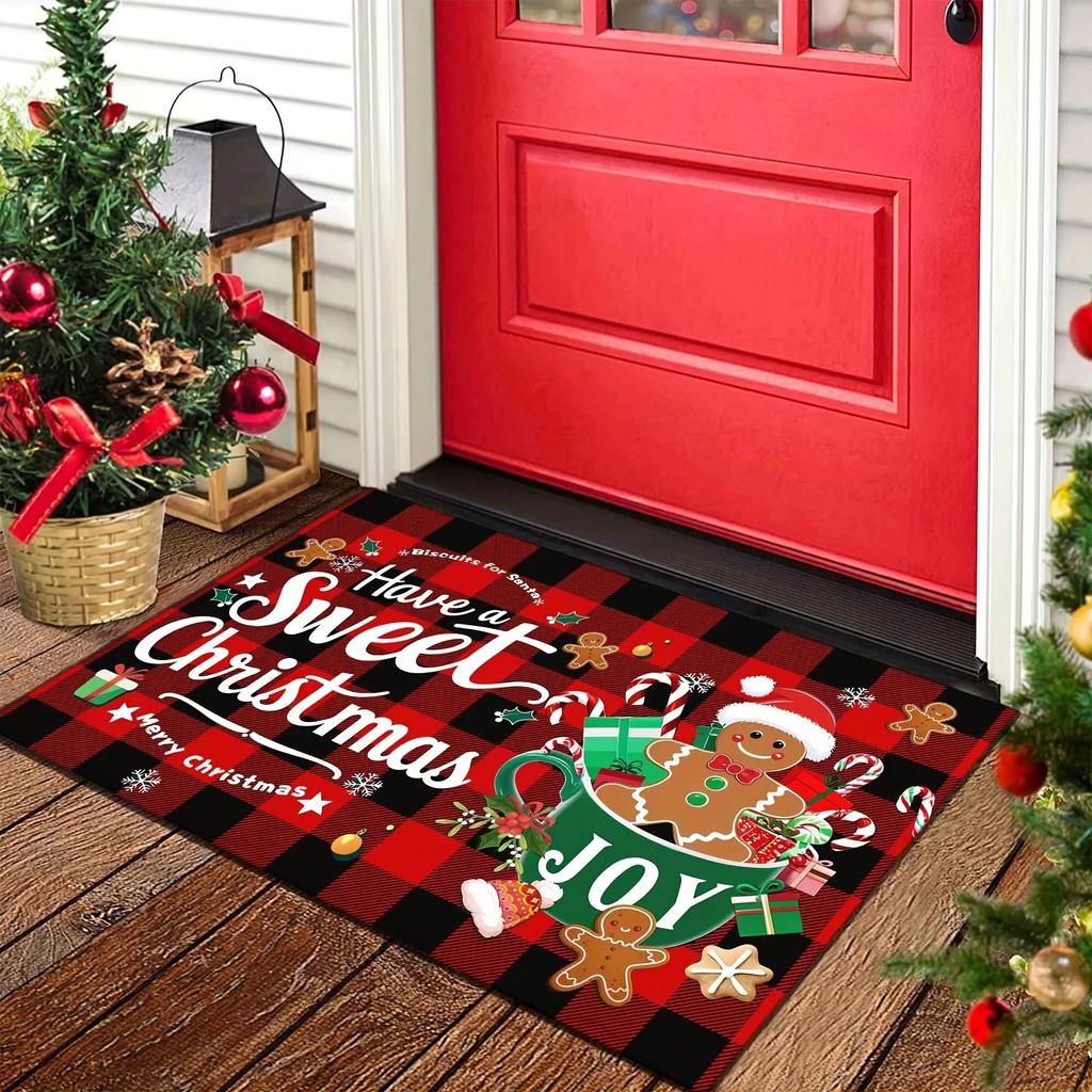 Entrance Floor MatGingerbread Man Winter Scene Door Carpet Snowflake Cookie Pine Decor Rug Indoor and Outdoor Front Porch